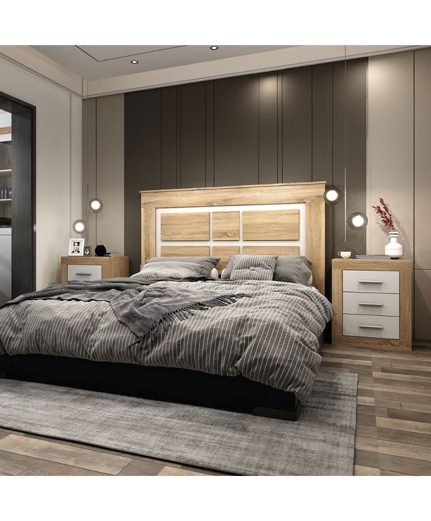 Dormitorio Completo con Cabezal y 2 Mesitas de Noche Cambrian-Blanco