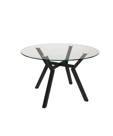 Mesa redonda de comedor fija con estructura metálica negra y sobre de cristal de 12 mm – 120x76 cm