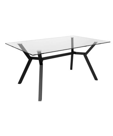 Mesa rectangular de comedor fija con estructura metálica negra y sobre de cristal de 12 mm