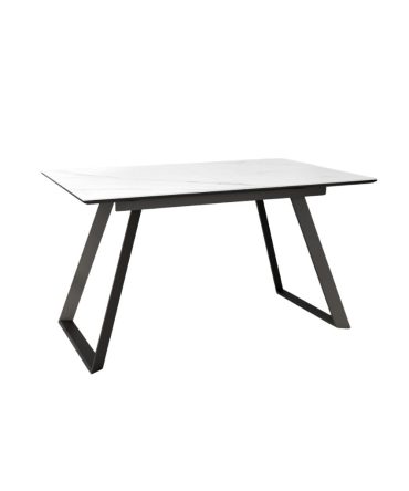Mesa de comedor extensible sincronizada con estructura metálica marfil y sobre porcelánico de 12 mm en acabado piedra