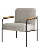 Butaca tapizada color jaspe con estructura metálica y reposabrazos de madera