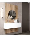 Composición de recibidor moderna blanca con espejo redondo y panel en madera Artisan