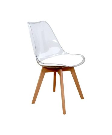 Silla con estructura de resina y asiento tapizado con patas de madera