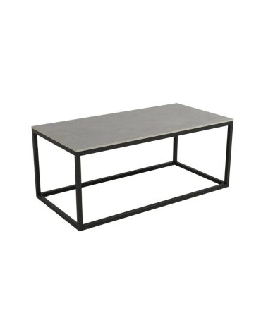 Mesa de centro rectangular con estructura metálica en marfil o negra y sobre porcelánico de 12 mm en acabado piedra